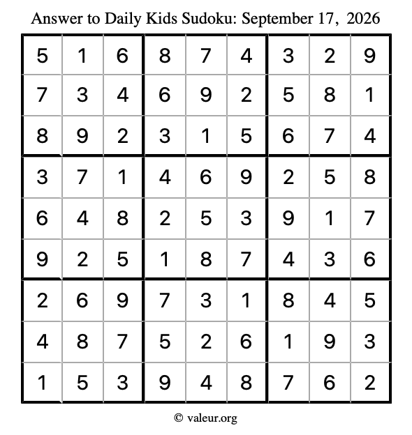 Answer to kids sudoku September 17, 2026