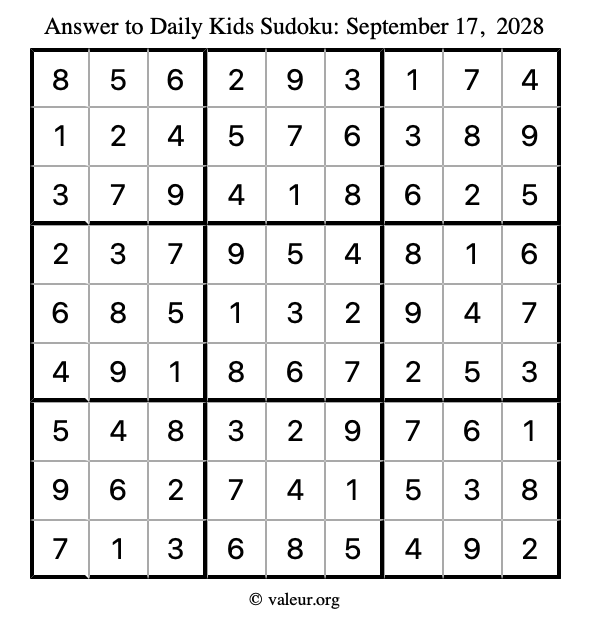 Answer to kids sudoku September 17, 2028