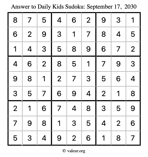 Answer to kids sudoku September 17, 2030