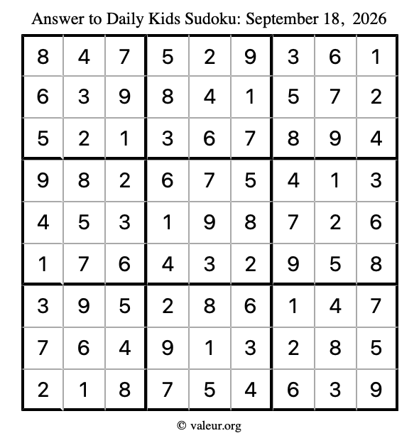 Answer to kids sudoku September 18, 2026