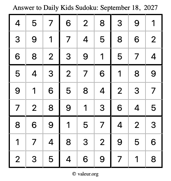 Answer to kids sudoku September 18, 2027