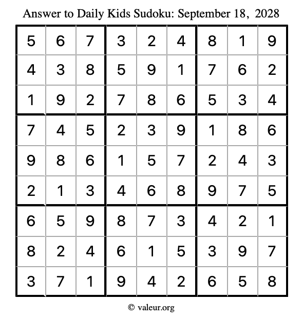 Answer to kids sudoku September 18, 2028