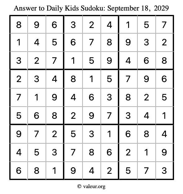 Answer to kids sudoku September 18, 2029
