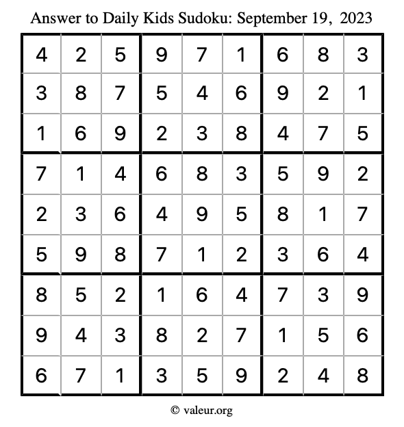 Answer to kids sudoku September 19, 2023