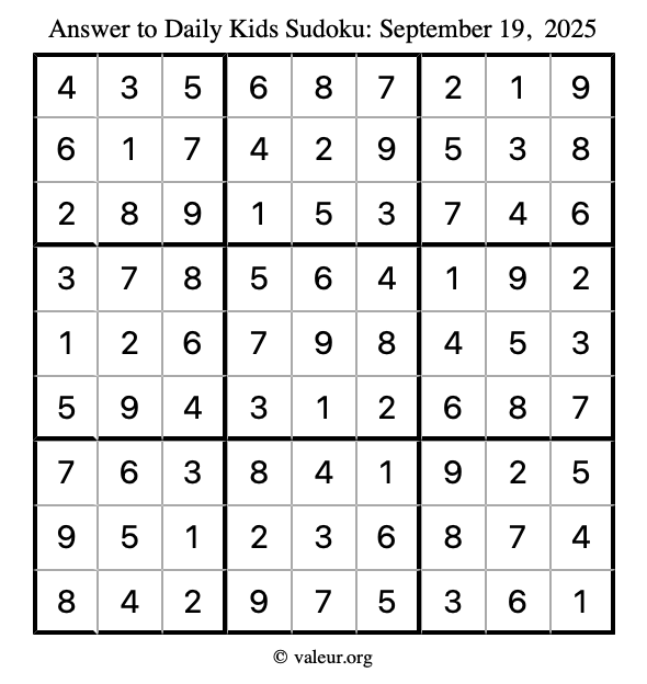 Answer to kids sudoku September 19, 2025