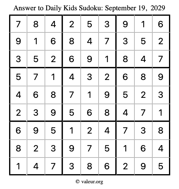 Answer to kids sudoku September 19, 2029