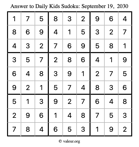 Answer to kids sudoku September 19, 2030