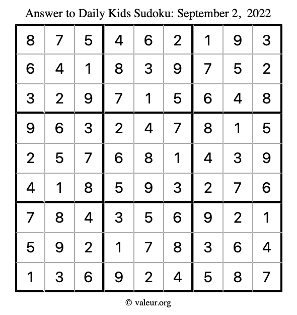 Answer to kids sudoku September 2, 2022