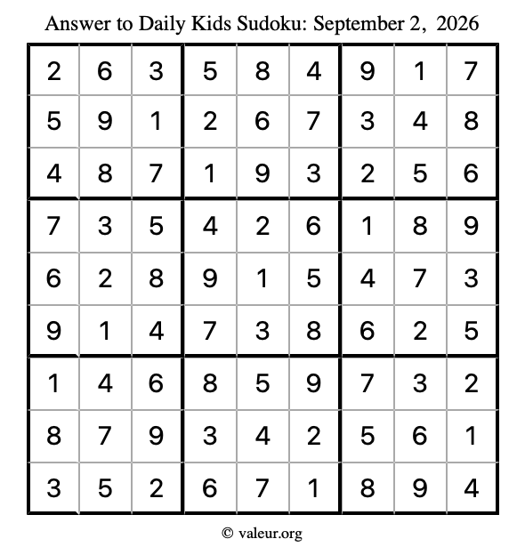 Answer to kids sudoku September 2, 2026