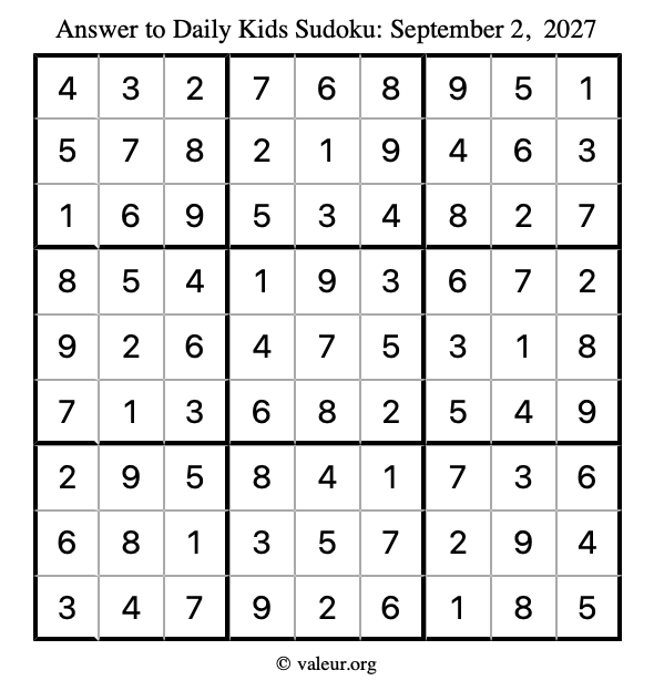 Answer to kids sudoku September 2, 2027