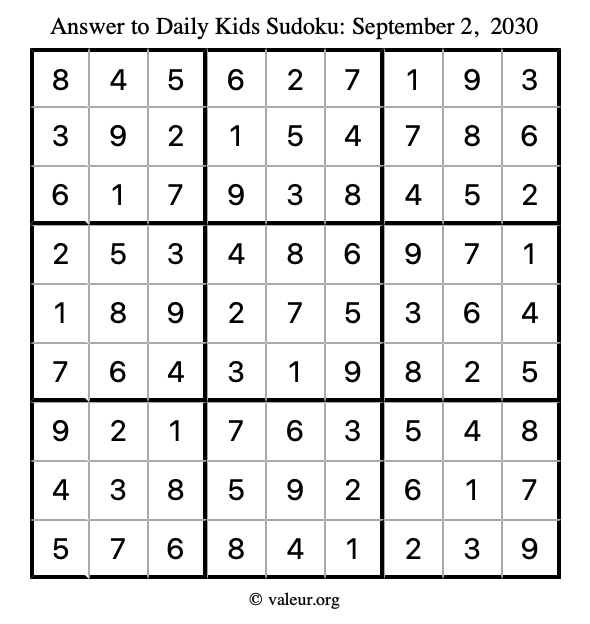 Answer to kids sudoku September 2, 2030