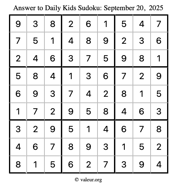 Answer to kids sudoku September 20, 2025
