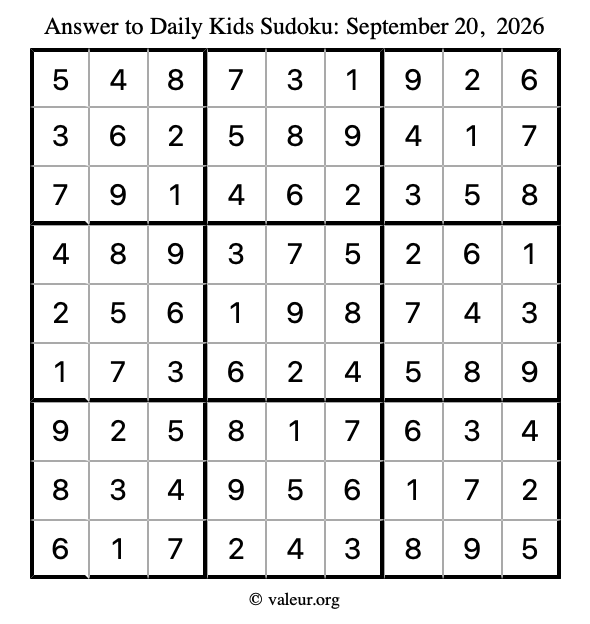 Answer to kids sudoku September 20, 2026