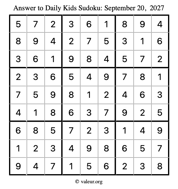 Answer to kids sudoku September 20, 2027