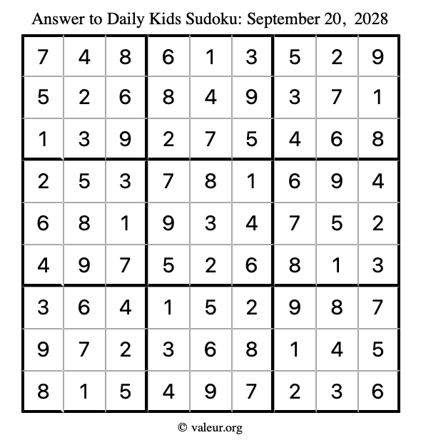 Answer to kids sudoku September 20, 2028