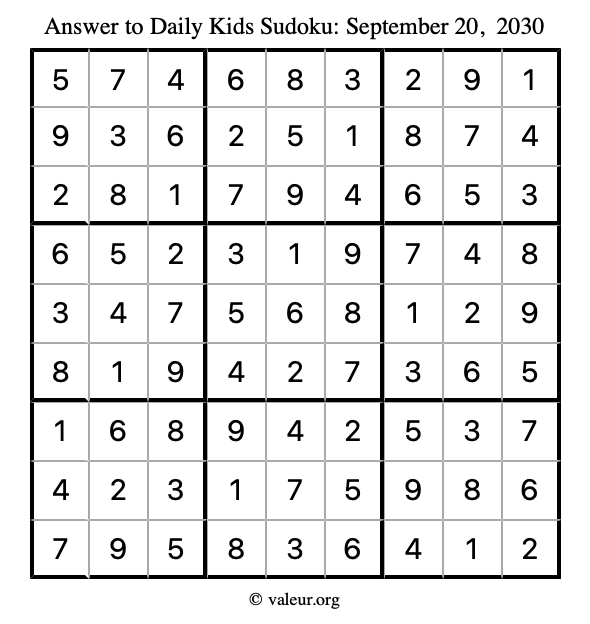 Answer to kids sudoku September 20, 2030