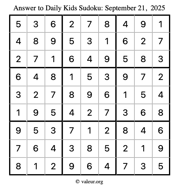 Answer to kids sudoku September 21, 2025