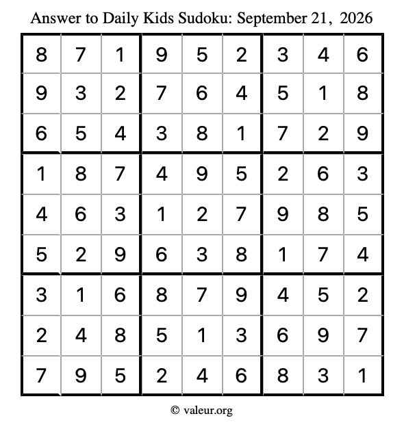 Answer to kids sudoku September 21, 2026
