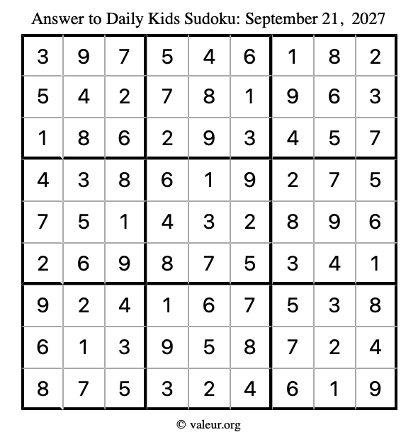 Answer to kids sudoku September 21, 2027