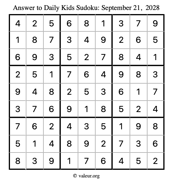 Answer to kids sudoku September 21, 2028