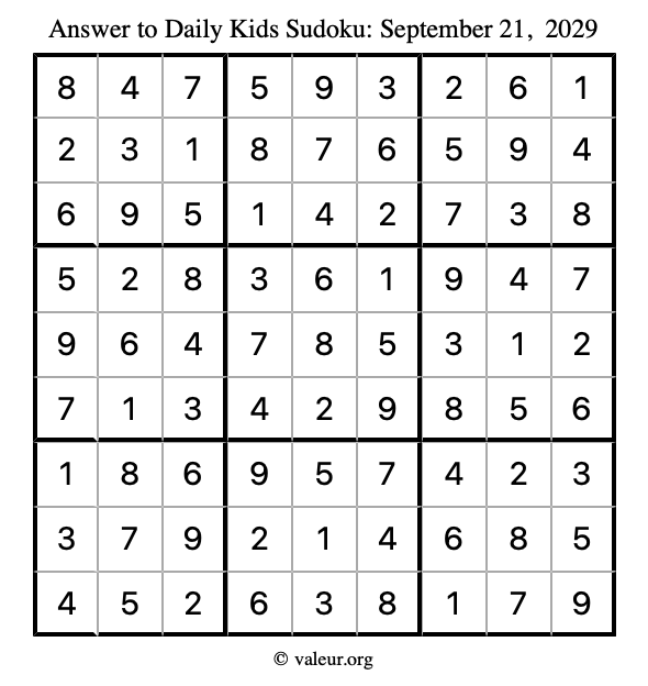 Answer to kids sudoku September 21, 2029