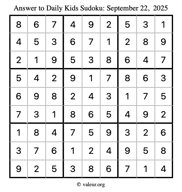 Answer to kids sudoku September 22, 2025
