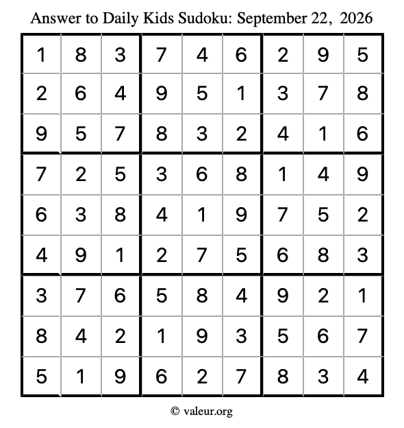 Answer to kids sudoku September 22, 2026
