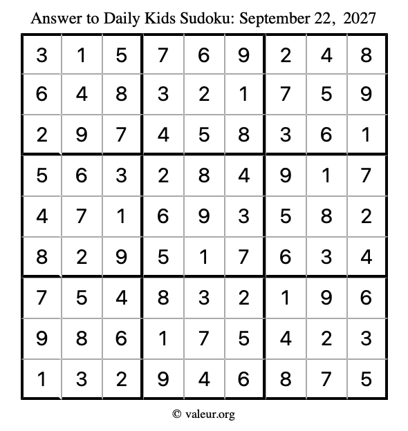 Answer to kids sudoku September 22, 2027