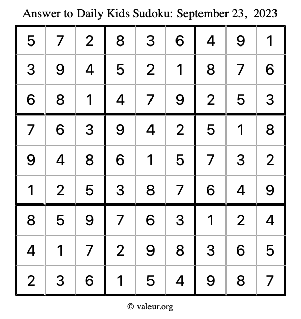 Answer to kids sudoku September 23, 2023