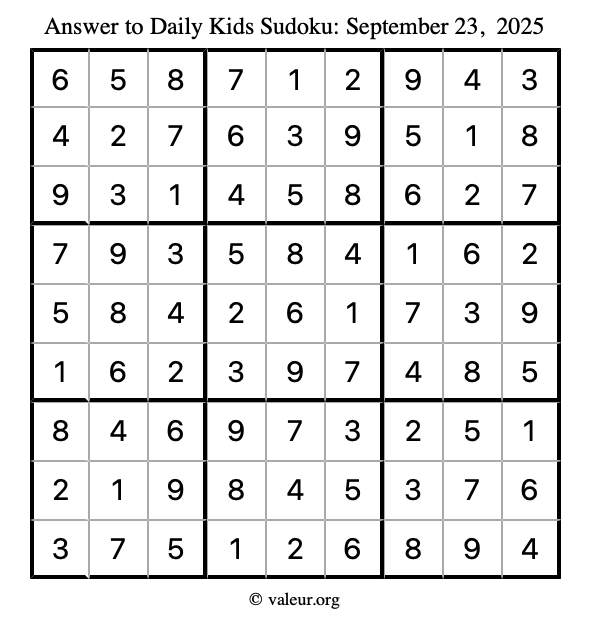 Answer to kids sudoku September 23, 2025