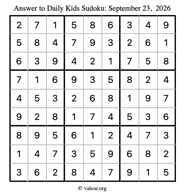 Answer to kids sudoku September 23, 2026