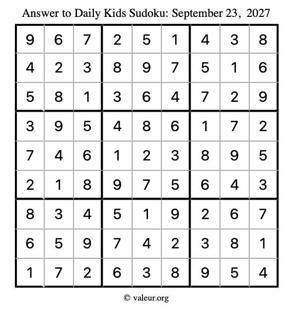 Answer to kids sudoku September 23, 2027