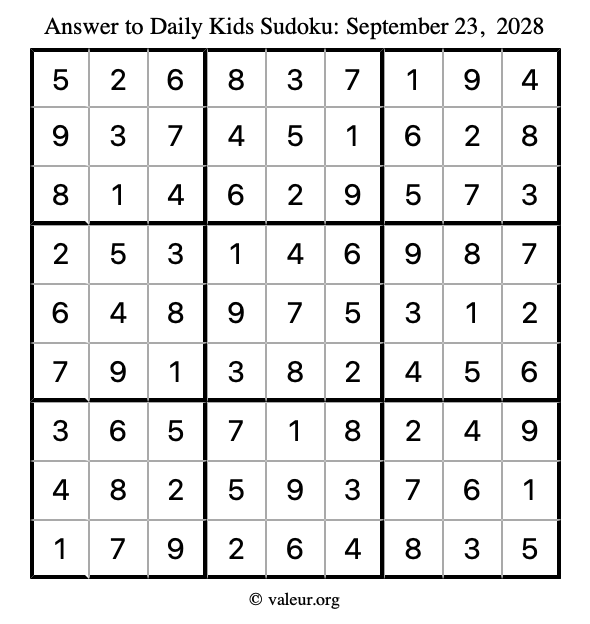 Answer to kids sudoku September 23, 2028