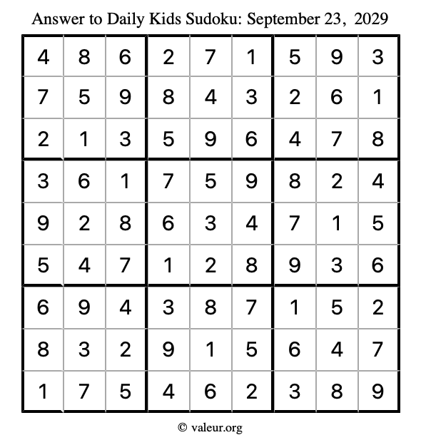 Answer to kids sudoku September 23, 2029