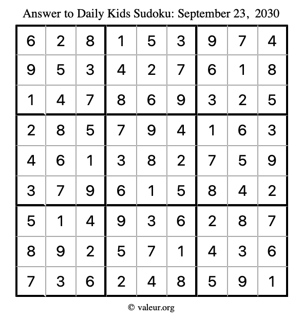Answer to kids sudoku September 23, 2030