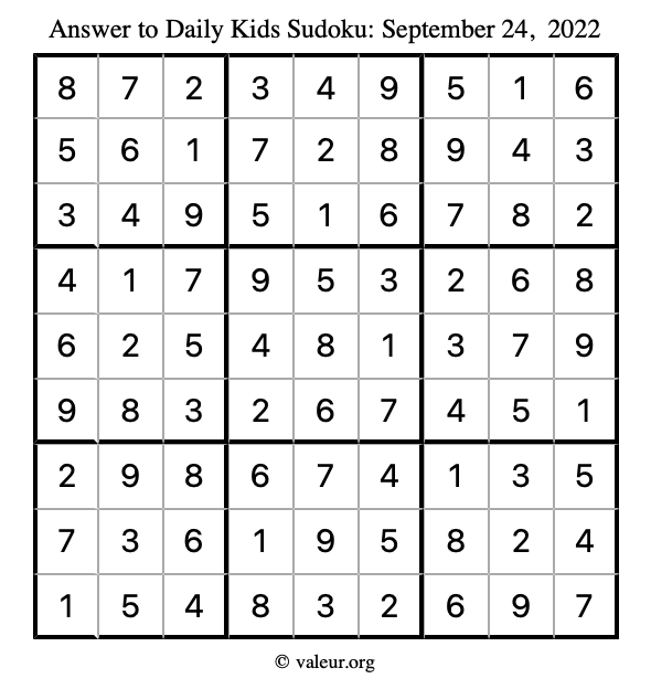 Answer to kids sudoku September 24, 2022