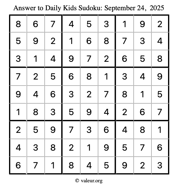 Answer to kids sudoku September 24, 2025