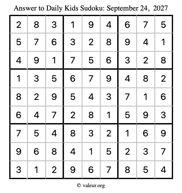Answer to kids sudoku September 24, 2027