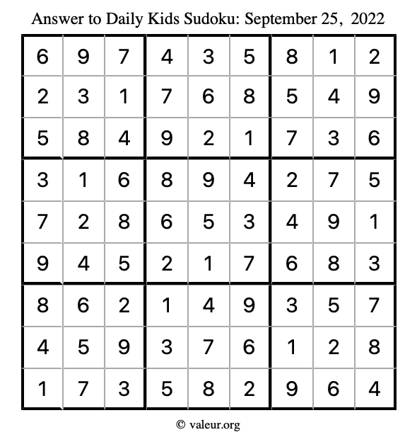 Answer to kids sudoku September 25, 2022