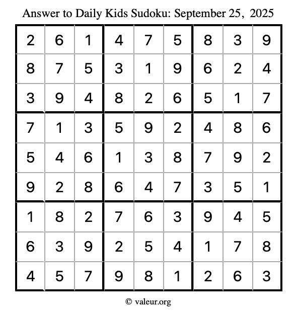 Answer to kids sudoku September 25, 2025
