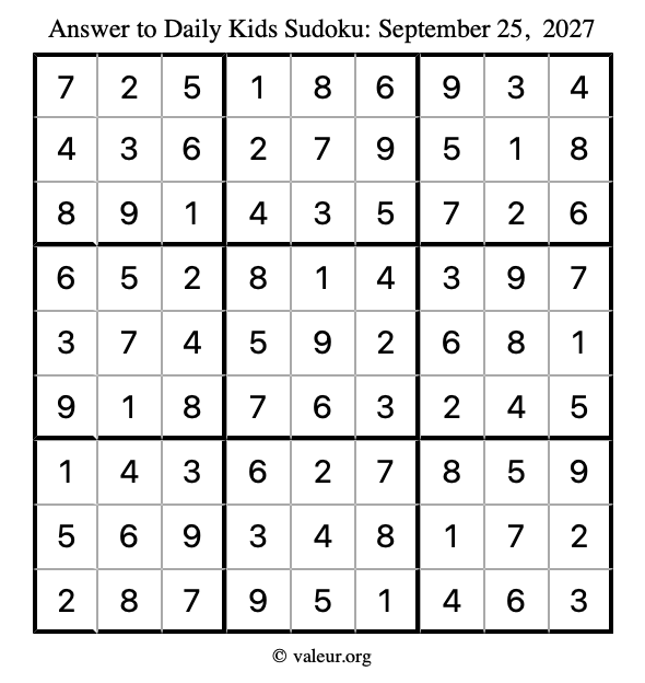 Answer to kids sudoku September 25, 2027