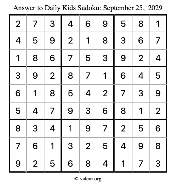 Answer to kids sudoku September 25, 2029