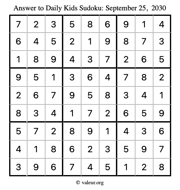 Answer to kids sudoku September 25, 2030