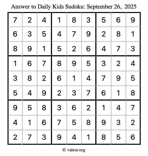 Answer to kids sudoku September 26, 2025