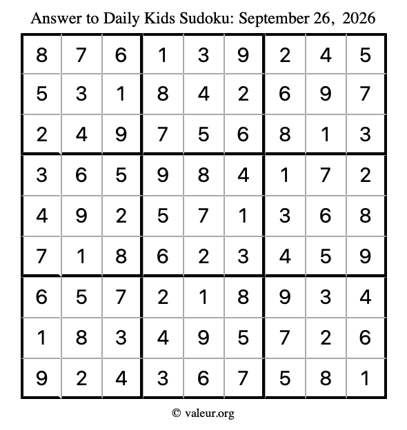 Answer to kids sudoku September 26, 2026