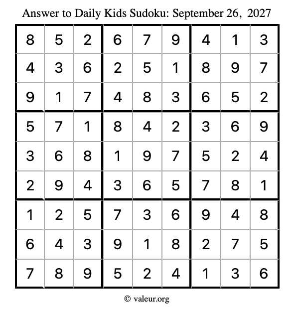 Answer to kids sudoku September 26, 2027