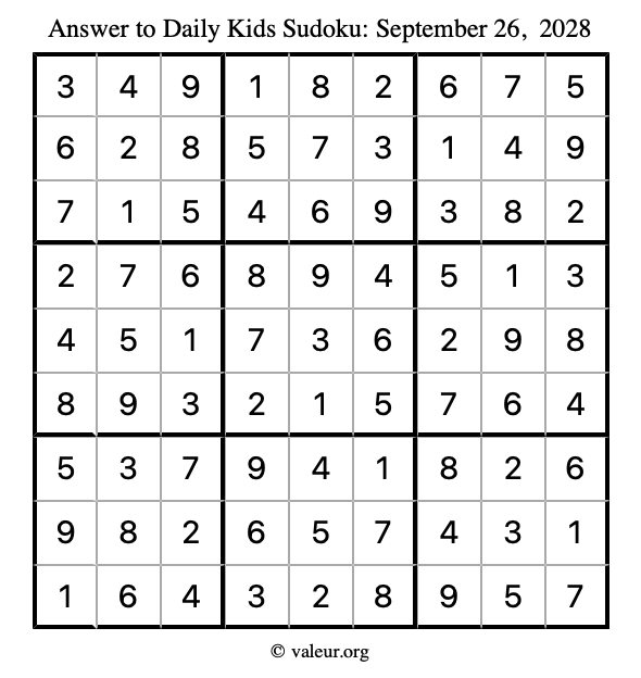 Answer to kids sudoku September 26, 2028