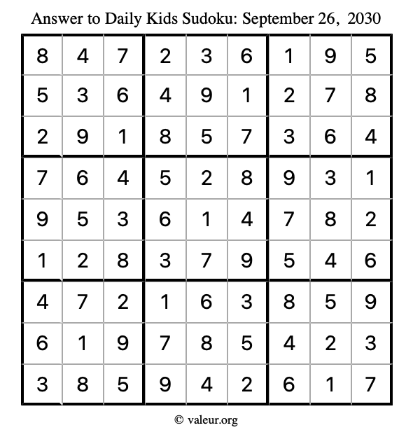 Answer to kids sudoku September 26, 2030