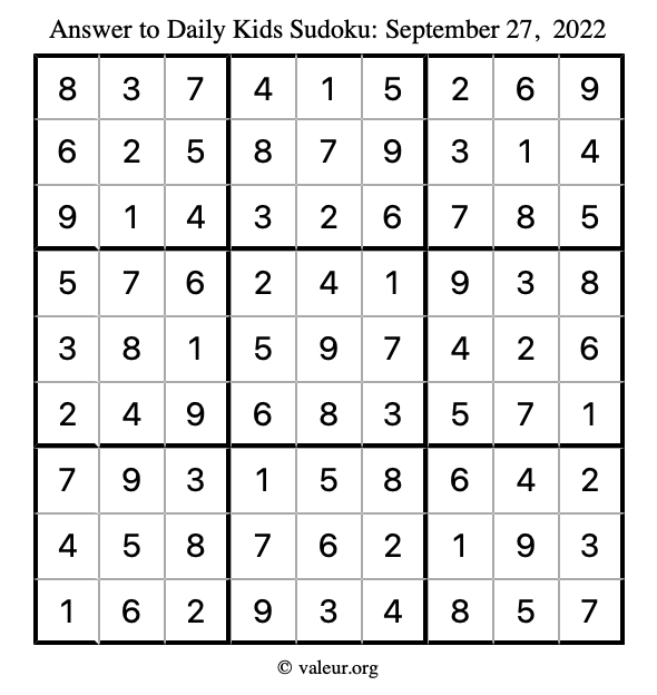 Answer to kids sudoku September 27, 2022