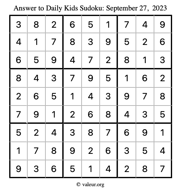 Answer to kids sudoku September 27, 2023